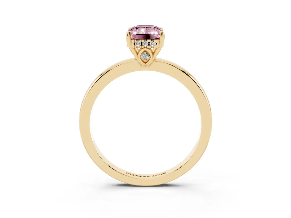 Fancy Pink Emerald Cut Solitaire Diamond Ring with Prong Setting and Plain Band Yellow gold