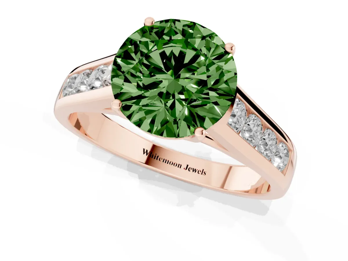 Fancy Green Round Cut Brilliant Channel-Set Solitaire Ring with Four-Prong Setting Rose gold
