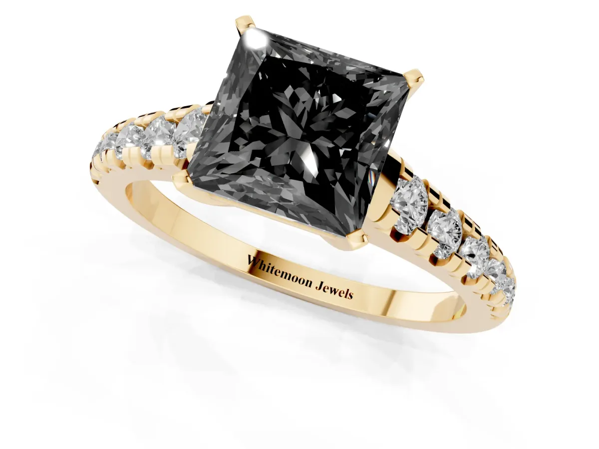Fancy Black Princess Cut Diamond Cathedral Solitaire Ring with Round Pavé Band Yellow gold