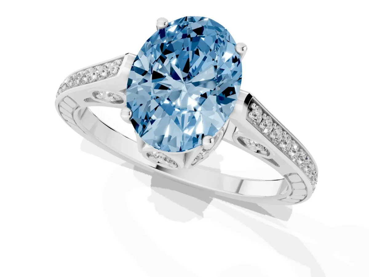 Fancy Blue Oval Cut Cut Cathedral Pave Diamond Engagement Ring with Six-Prong Setting Platinum
