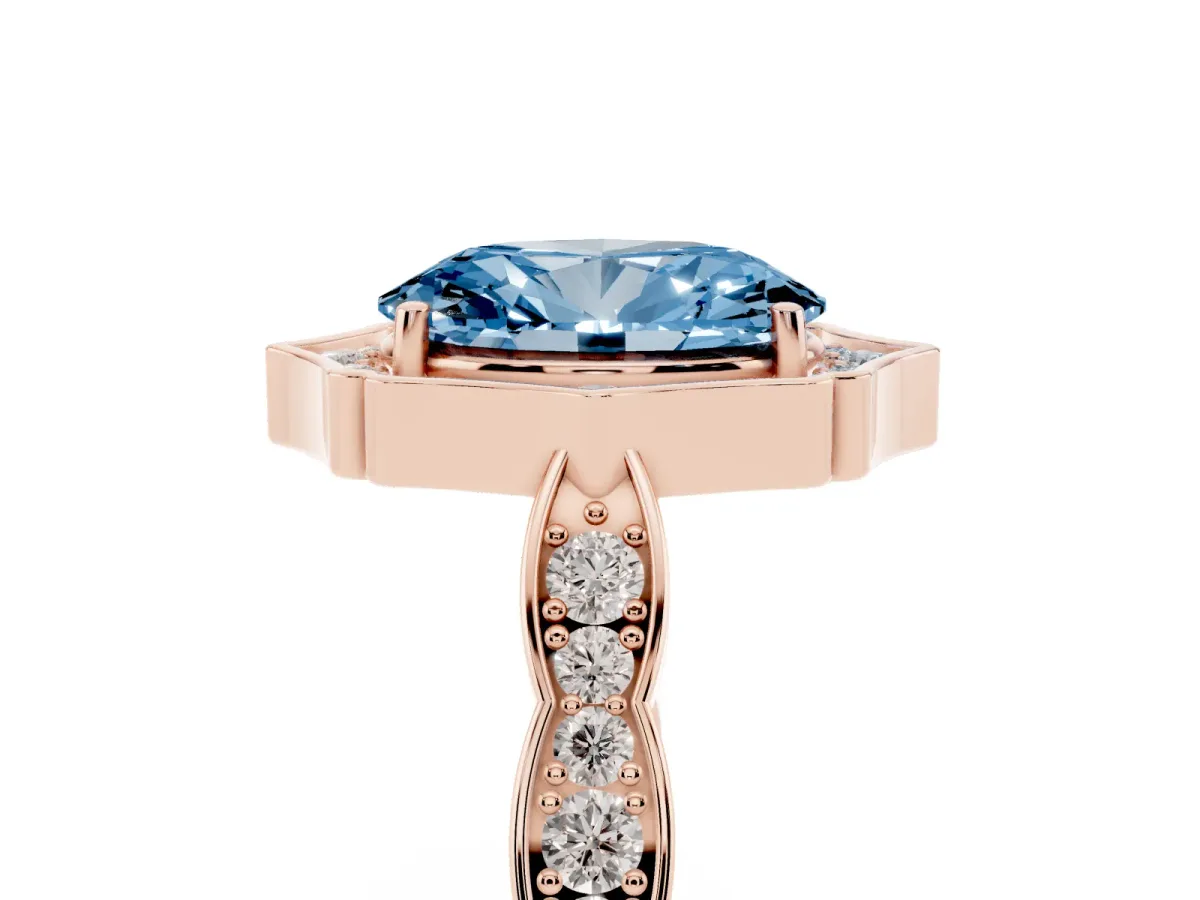 Fancy Blue Oval Cut Halo Diamond Engagement Ring with Milgrain Band and Four-Prong Setting Rose gold