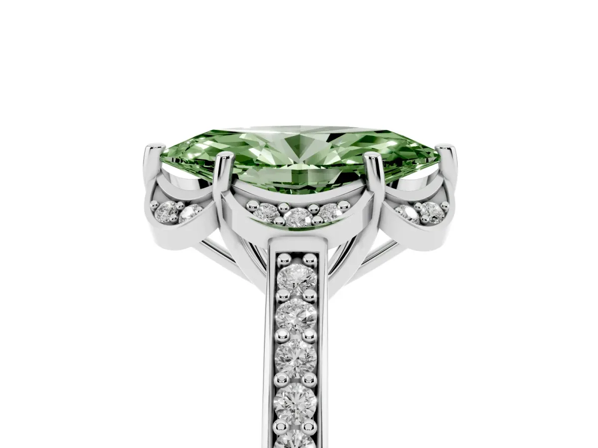 Fancy Green Marquise Cut Cut Halo Diamond Ring with Channel Set Band and Four-Prong Setting Silver