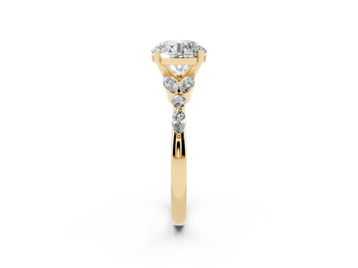 Round Cut Diamond Solitaire Ring with Side Stones and Four-Prong Setting Yellow gold