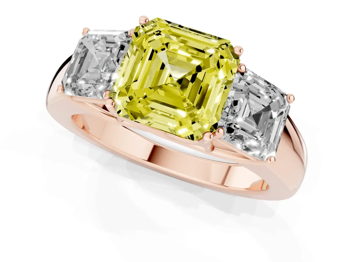 Fancy Yellow Three-Stone Asscher Cut Cut Diamond Ring with Prong Setting and Classic Band Rose gold