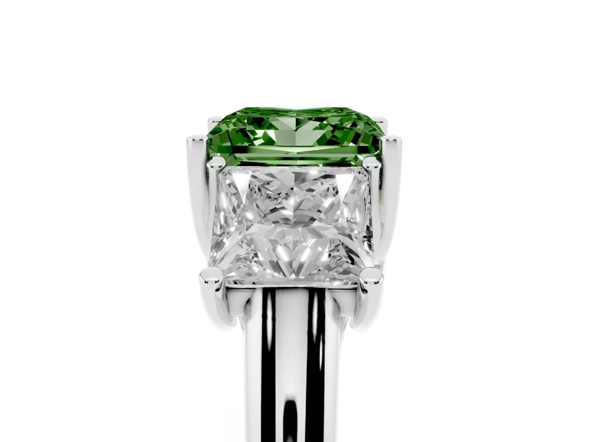 Fancy Green Three-Stone Princess Cut Diamond Engagement Ring with Prong Setting Platinum