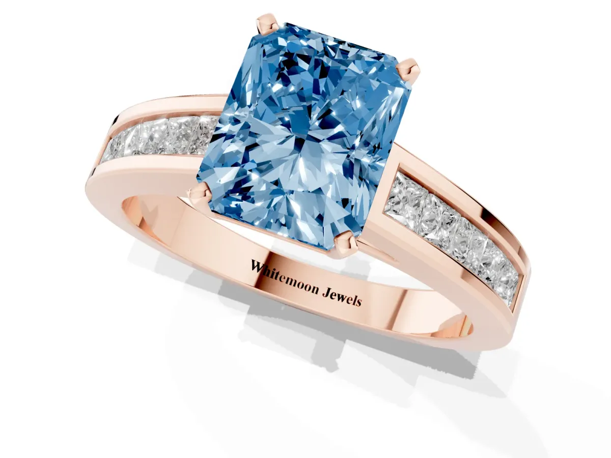 Fancy Blue Radiant Cut Solitaire Diamond Ring with Channel-Set Band and Four-Prong Setting Rose gold