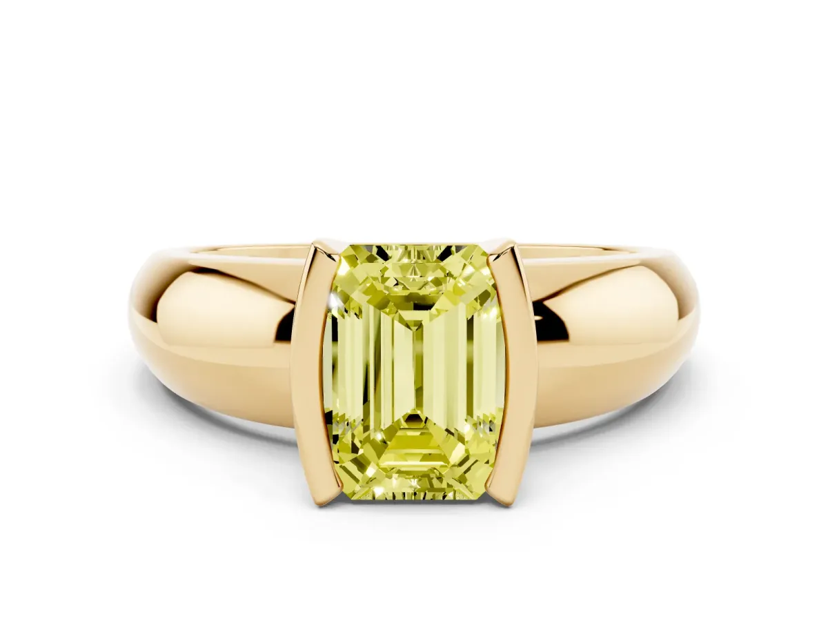 Fancy Yellow Emerald Cut Solitaire Tension Set Diamond Ring with Wide Band Yellow gold