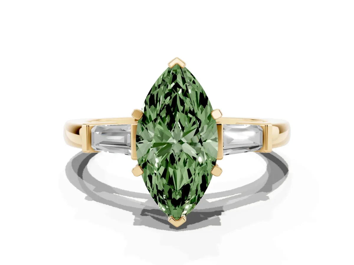 Fancy Green Marquise Cut Cut Diamond Solitaire Ring with Tapered Baguette Accents and Four-Prong Setting Yellow gold