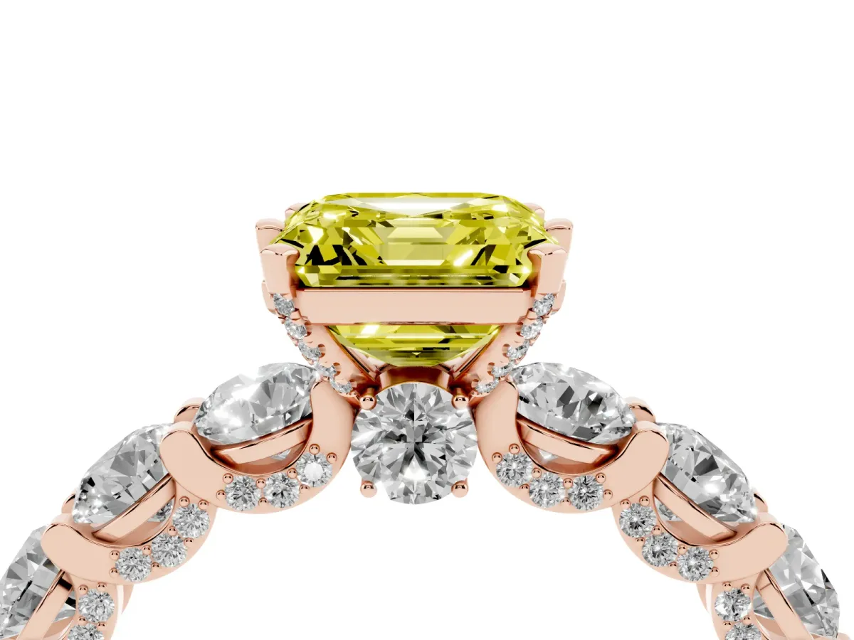 Fancy Yellow Asscher Cut Diamond Side Stone Engagement Ring with Four-Prong Setting Rose gold