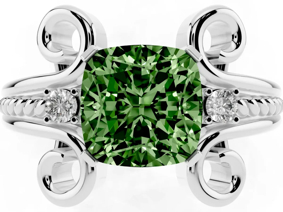 Fancy Green Cushion Cut Solitaire Twisted Band Scroll Prong Ring Silver