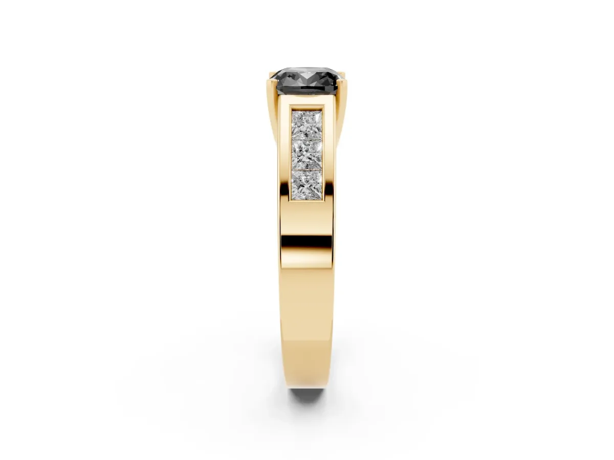 Fancy Black Cushion Cut Cut Channel Set Solitaire Ring with Four-Prong Setting Yellow gold