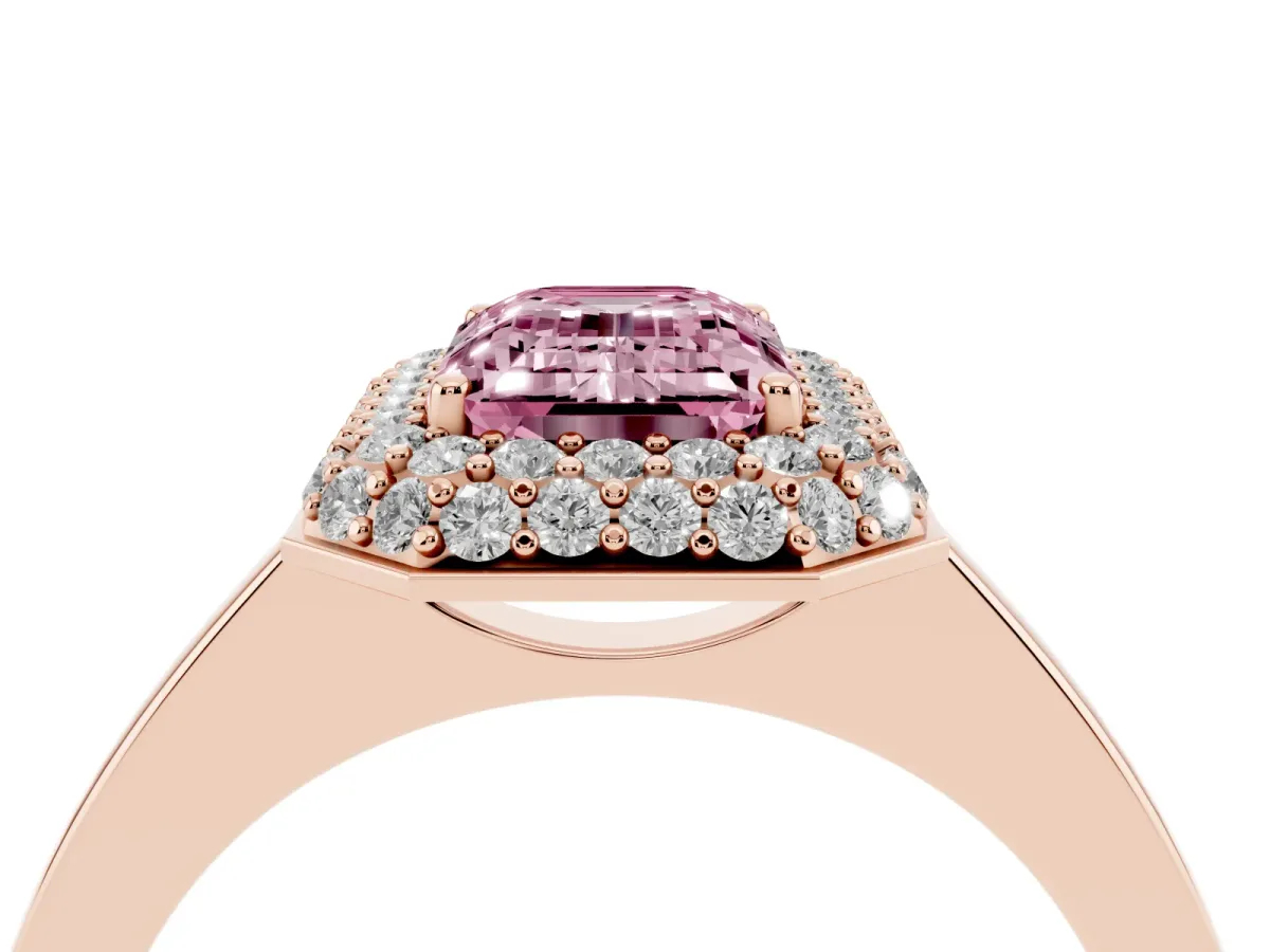 Fancy Pink Emerald Cut Halo Diamond Engagement Ring with Solitaire Band and Four-Prong Setting Rose gold