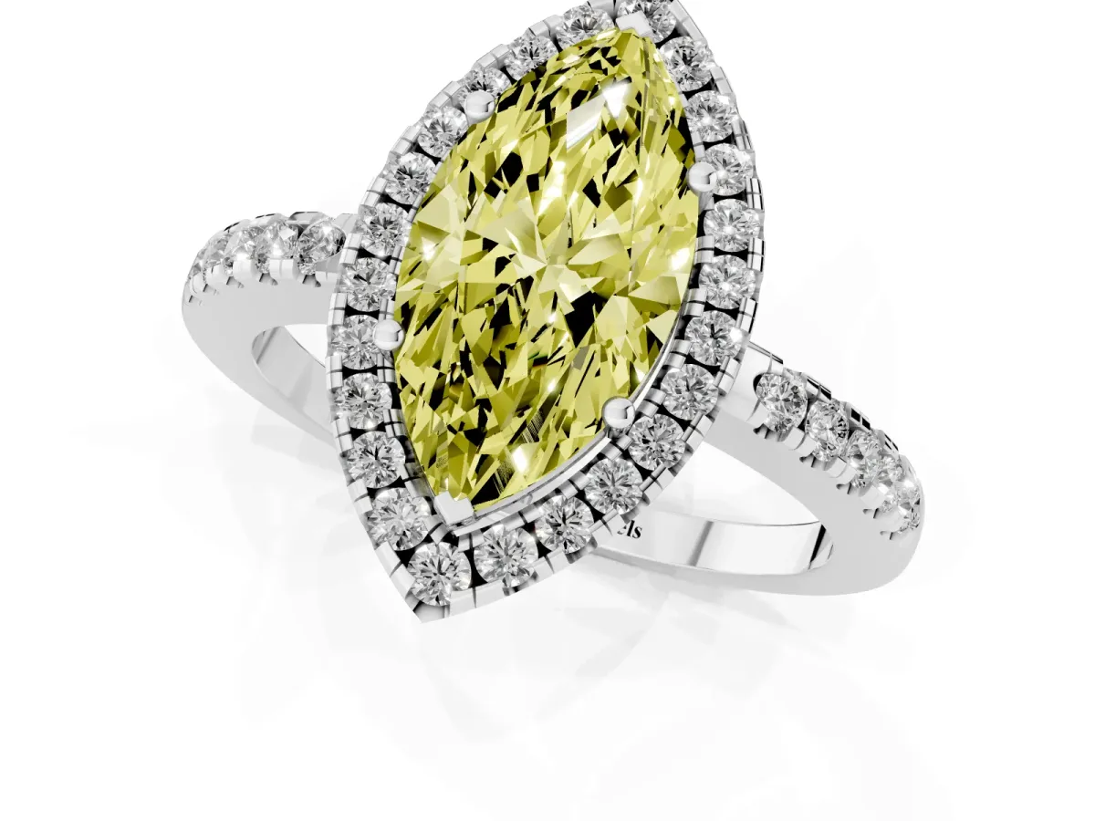 Fancy Yellow Marquise Cut Halo Diamond Engagement Ring with Pavé Band and Four-Prong Setting Silver