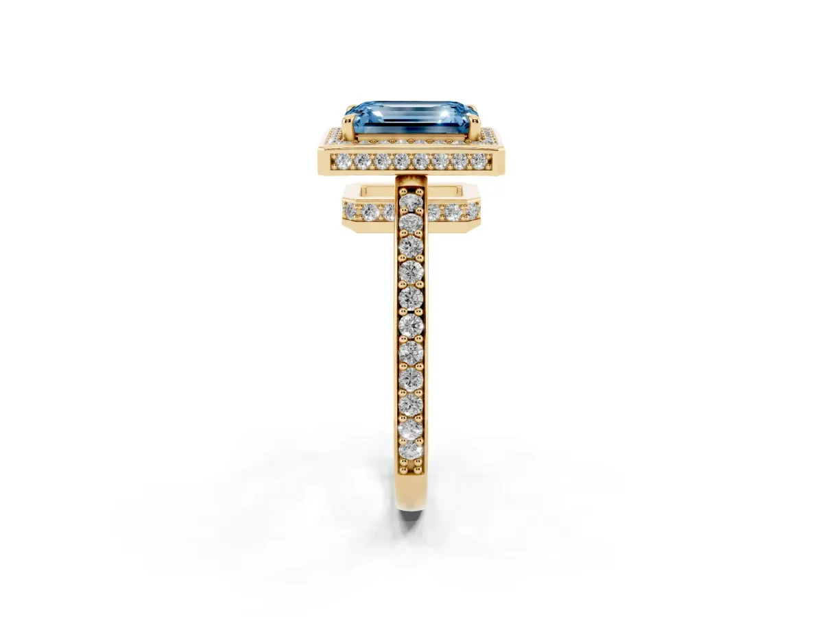Fancy Blue Emerald Cut Halo Pave Band Solitaire Ring with Prong Setting Yellow gold