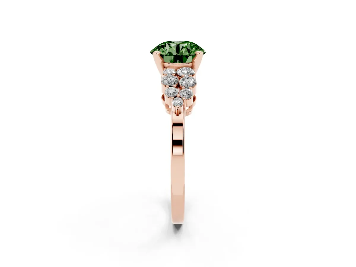 Fancy Green Round Cut Cluster Diamond Engagement Ring with Pavé Band and Four-Prong Setting Rose gold