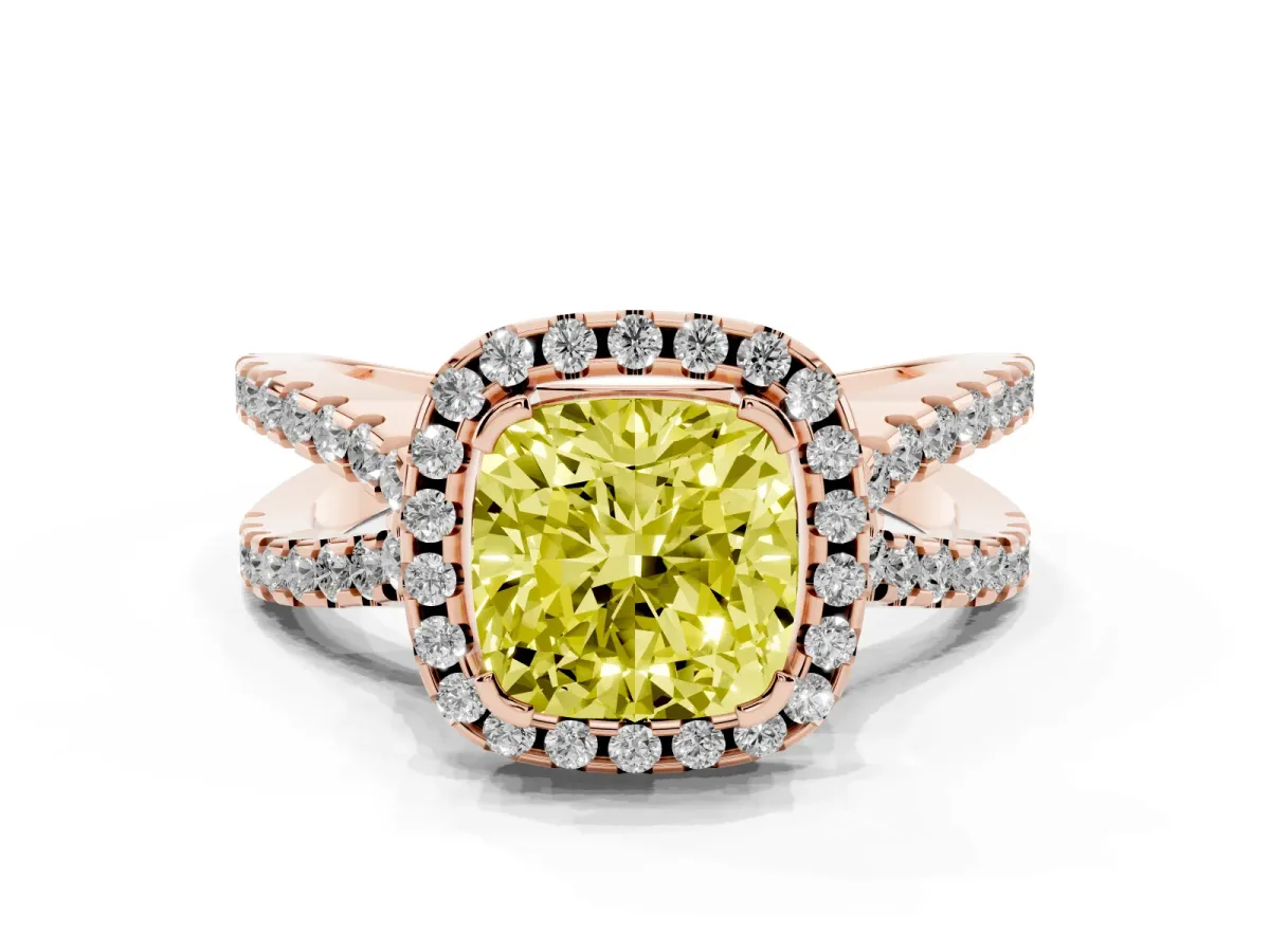 Fancy Yellow Cushion Cut Diamond Halo Ring with Split Shank Pavé Band and Prong Setting Rose gold