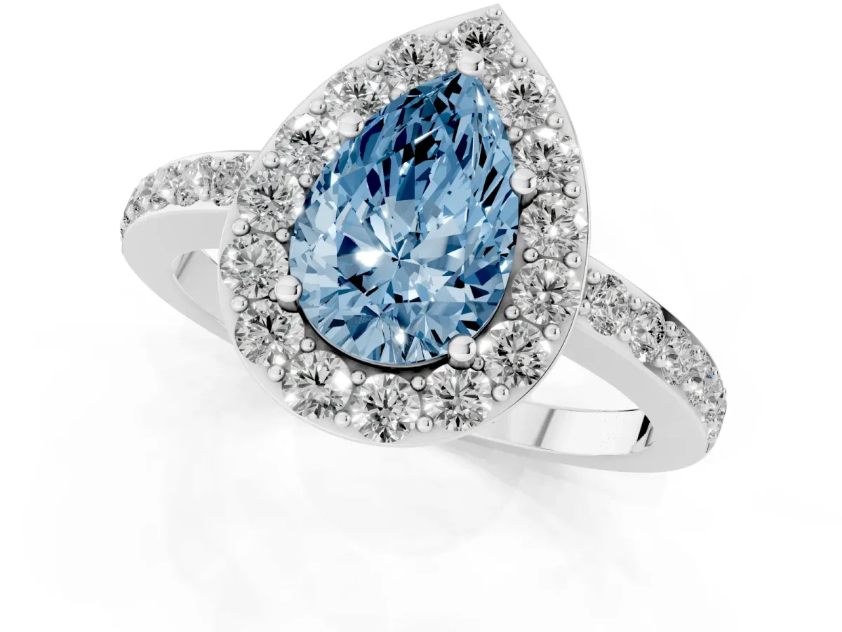 Fancy Blue Pear Cut Halo Diamond Pavé Band Ring with Prong Setting Platinum