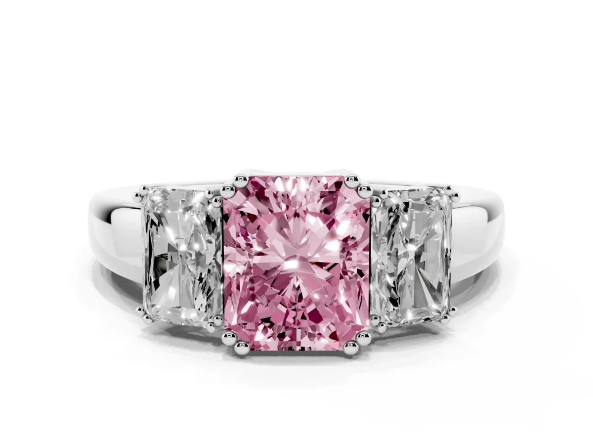 Fancy Pink Three-Stone Radiant Cut Cut Diamond Ring with Channel Set Band and Four-Prong Setting Platinum
