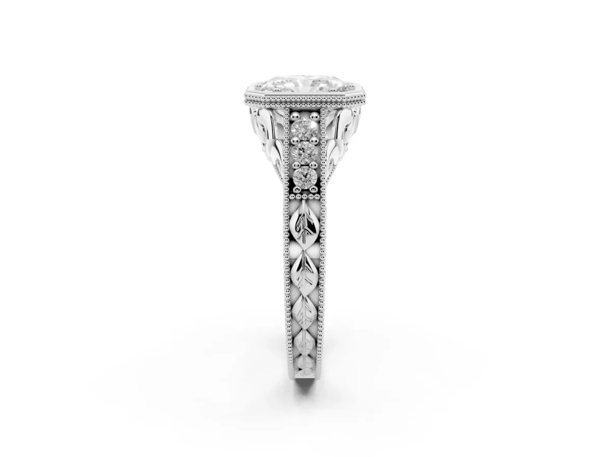 Bezel Set Radiant Cut Diamond Milgrain Pave Engagement Ring Silver