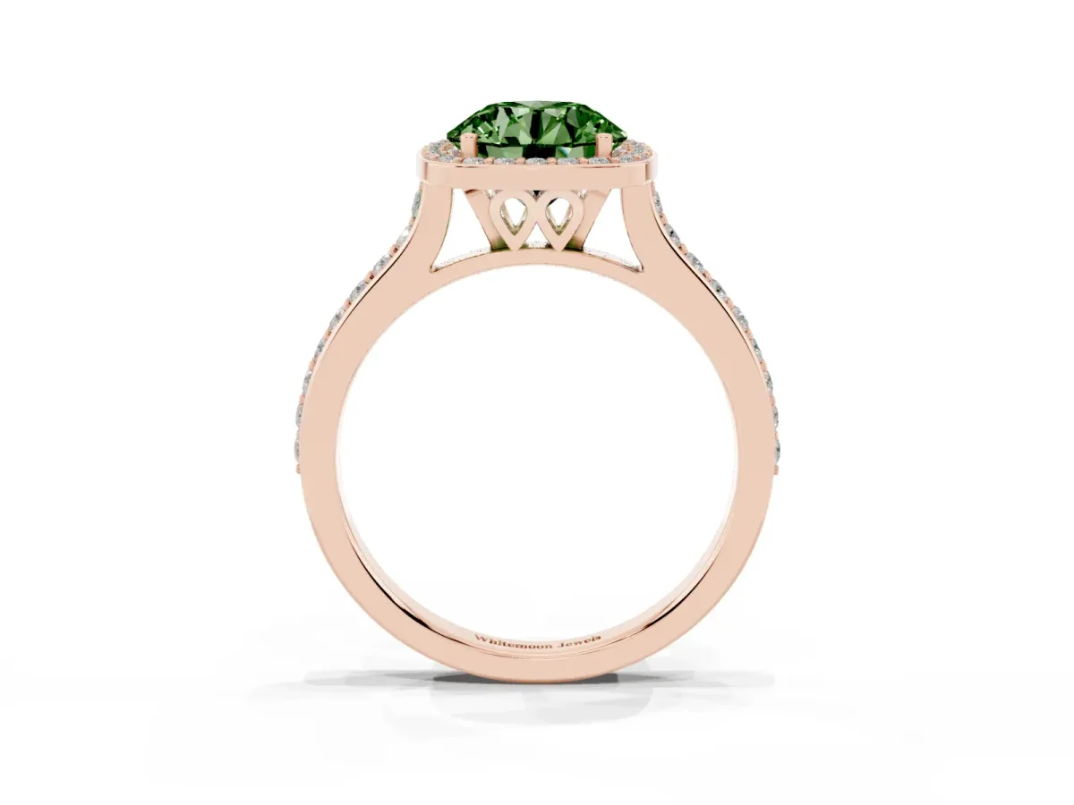 Fancy Green Round Cut Diamond Halo Engagement Ring with Round Pavé Shoulders and Prong Setting Rose gold