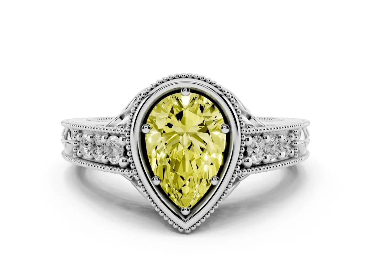 Fancy Yellow Bezel Set Pear Cut Diamond Milgrain Pave Engagement Ring Platinum