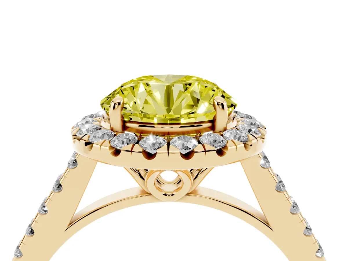 Fancy Yellow Round Cut Halo Pavé Diamond Engagement Ring with Four-Prong Setting Yellow gold