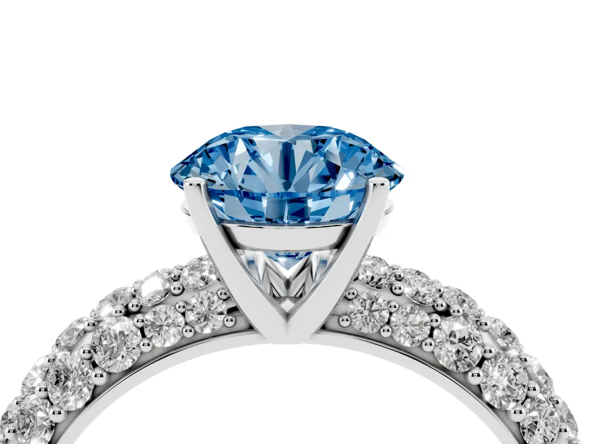 Fancy Blue Round Cut Diamond Pavé Band Solitaire Ring with Four-Prong Setting White gold