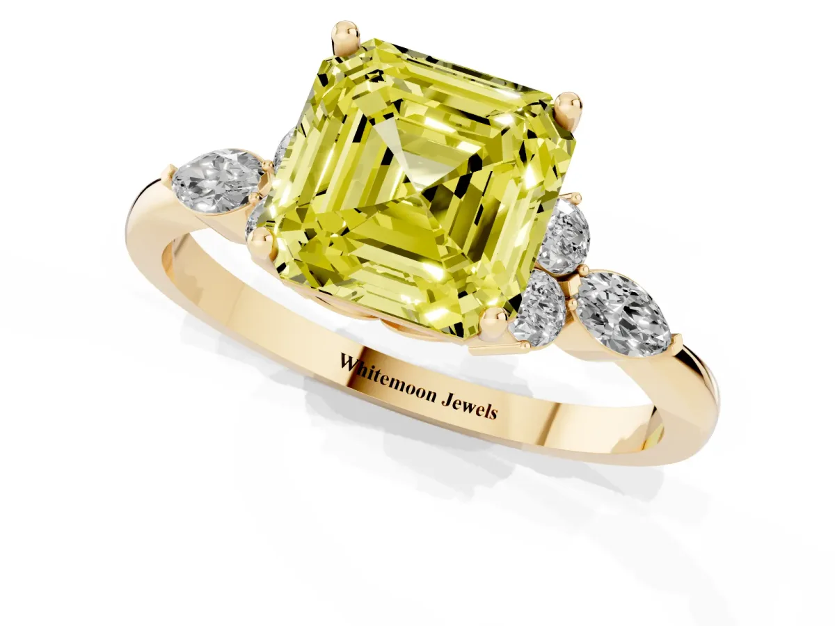 Fancy Yellow Asscher Cut Brilliant Diamond Solitaire Ring with Pear Side Stones and Four-Prong Setting Yellow gold