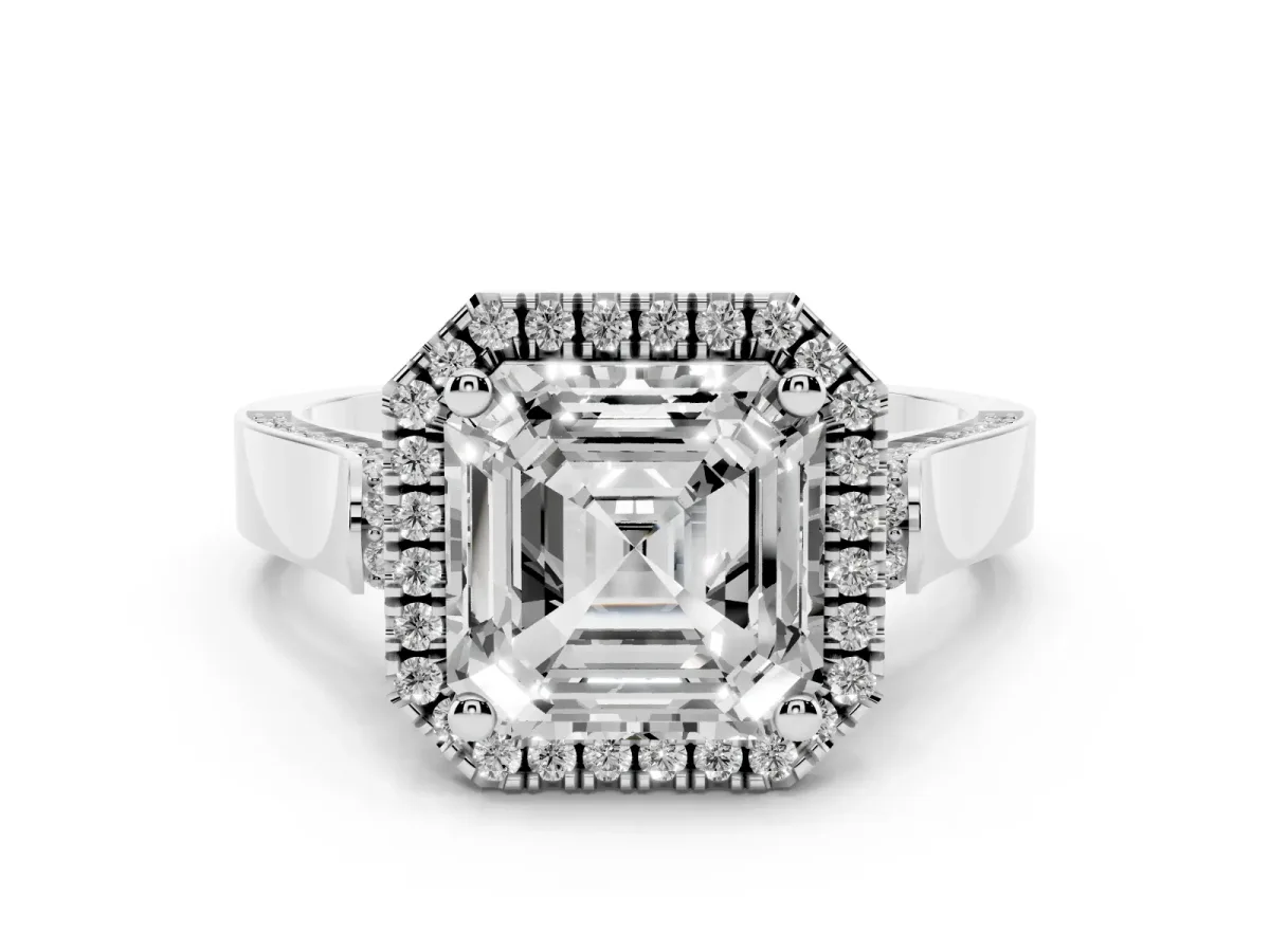 Asscher Cut Halo Pave Split Shank Prong Setting Ring Silver