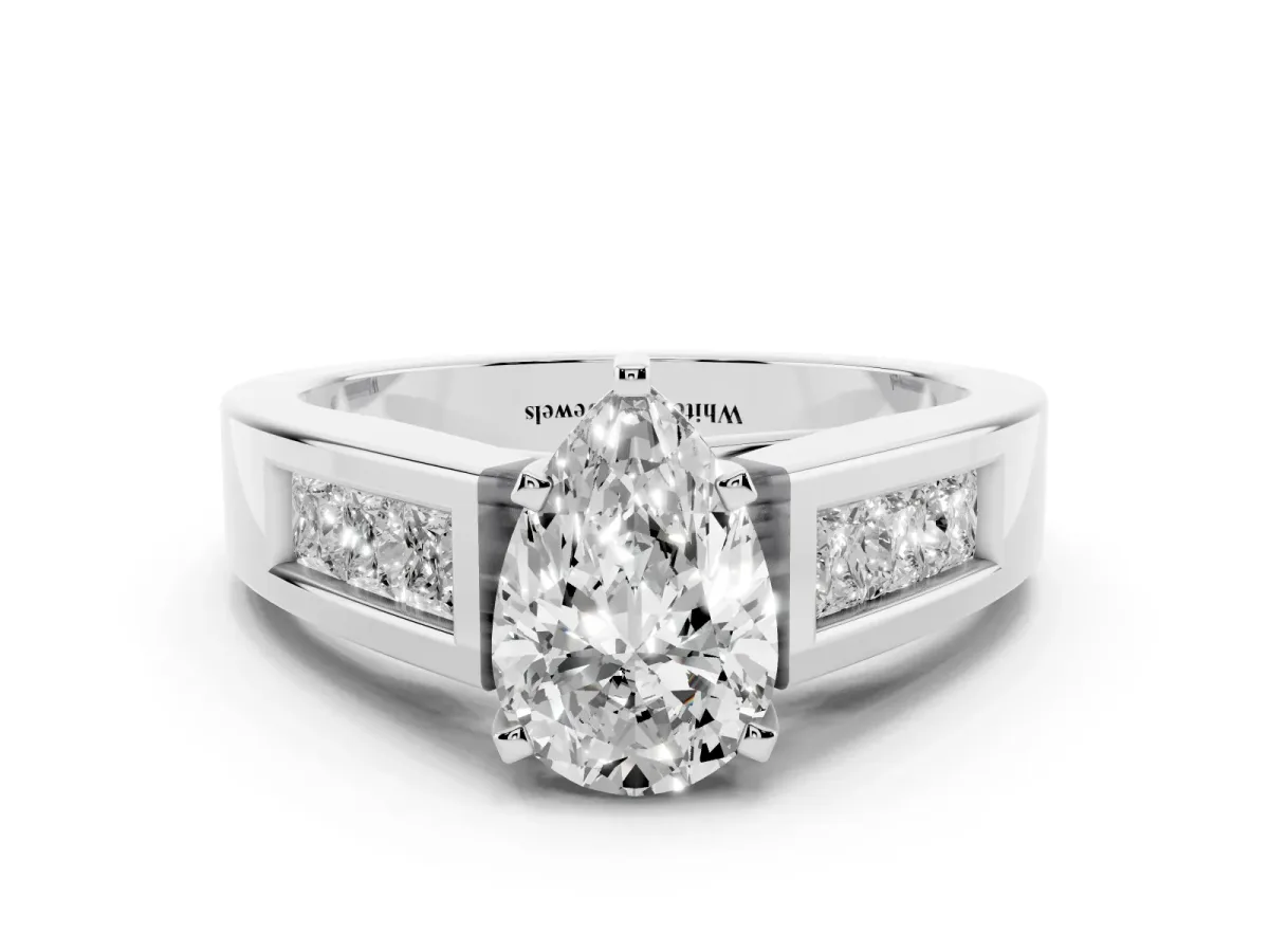 Pear Cut Cut Channel Set Solitaire Ring with Four-Prong Setting White gold