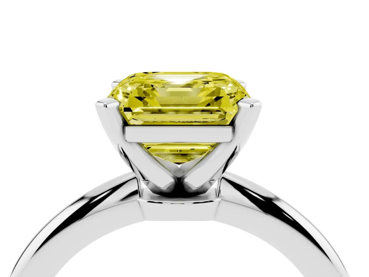 Fancy Yellow Asscher Cut Diamond Solitaire Ring with Prong Setting and Classic Band Silver