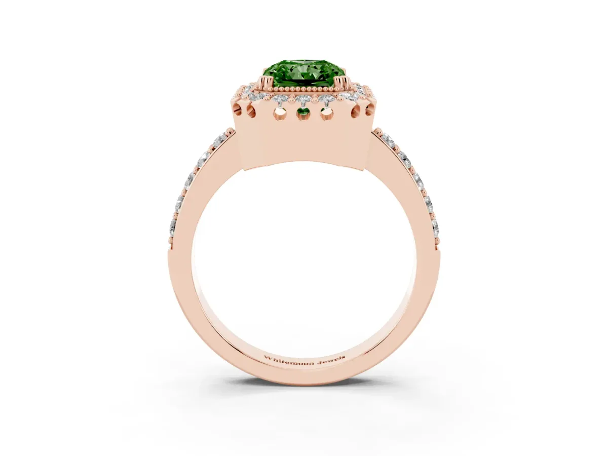 Fancy Green Radiant Cut Diamond Halo Ring with Pavé Band and Prong Setting Rose gold