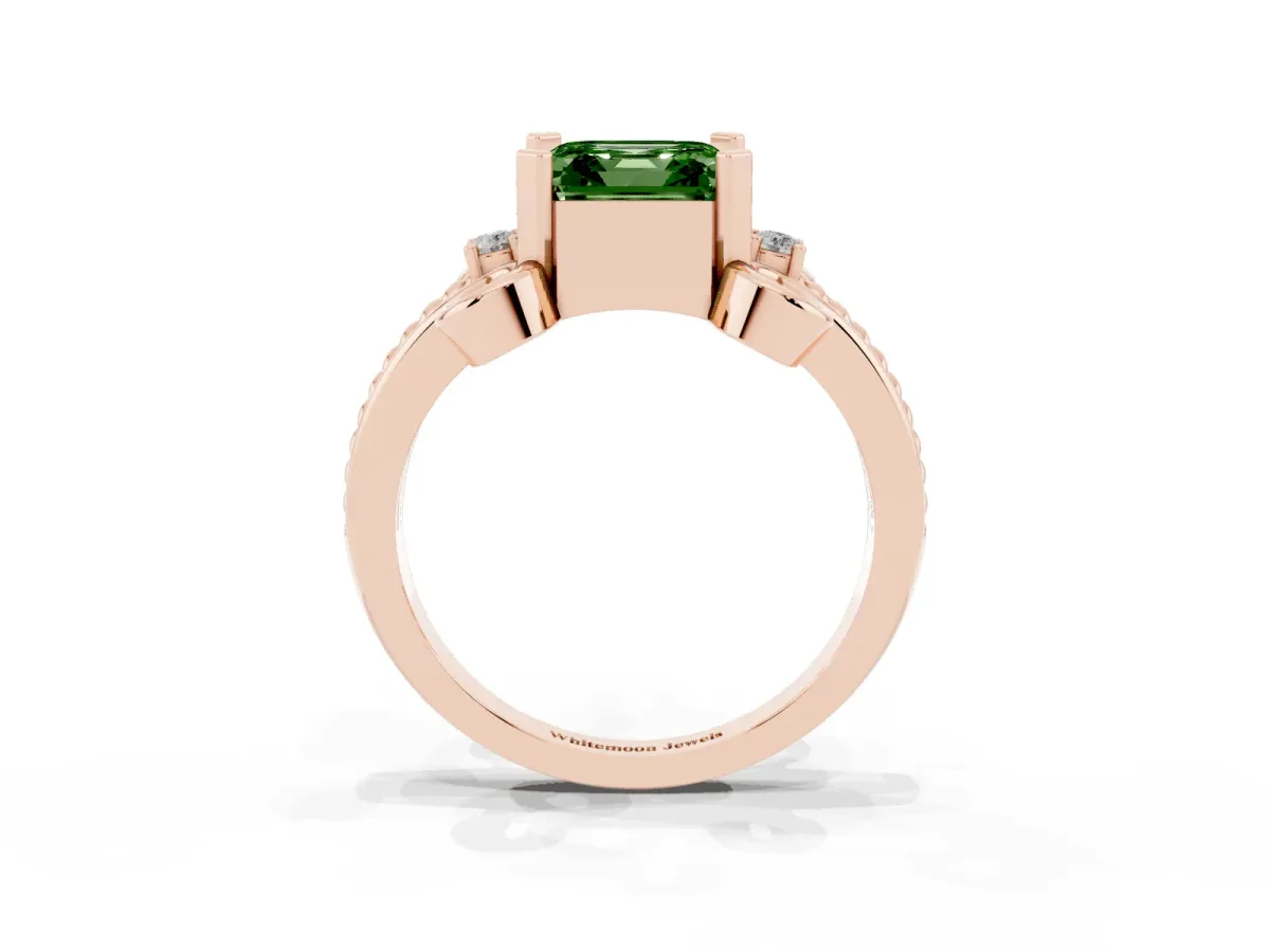 Fancy Green Asscher Cut Solitaire Twisted Band Scroll Prong Ring Rose gold