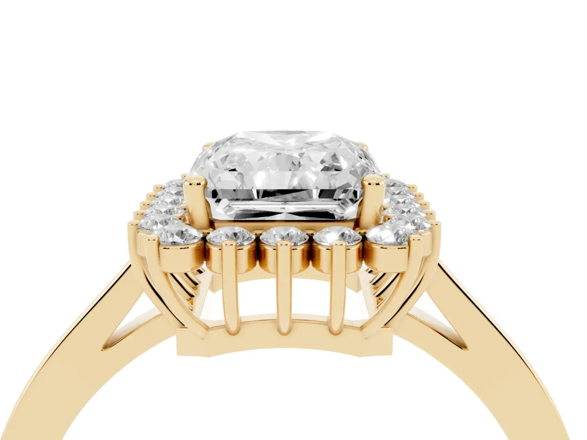 Radiant Cut Cut Diamond Halo Ring with Round Brilliant Halo and Solitaire Band Yellow gold