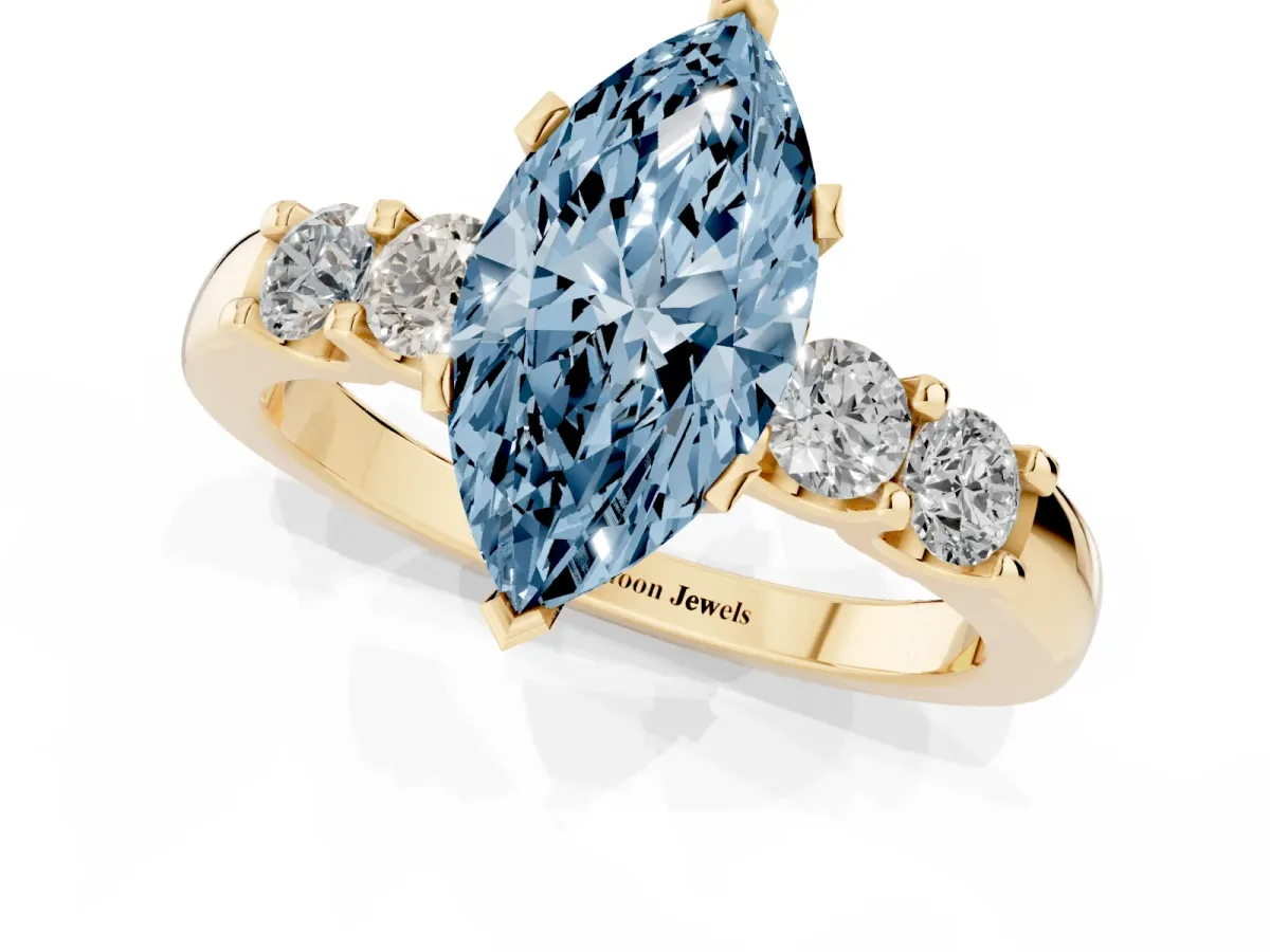 Fancy Blue Marquise Cut Brilliant Cut Diamond Five-Stone Prong Set Engagement Ring with Channel Band Yellow gold