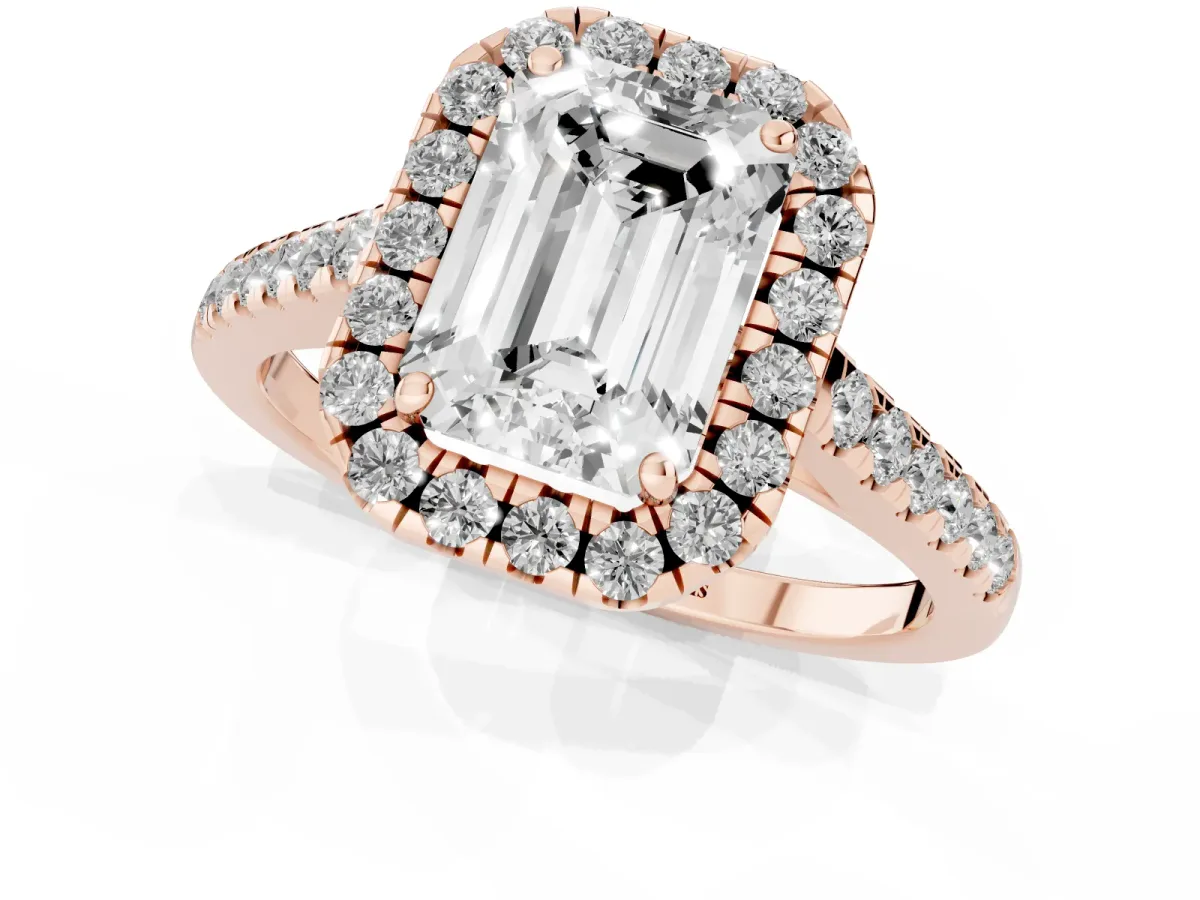Emerald Cut Halo Pave Diamond Engagement Ring with Four-Prong Setting Rose gold