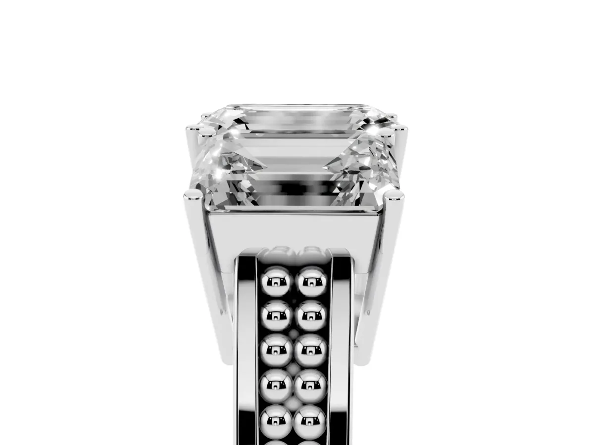 Emerald Cut Diamond Three-Stone Ring with Prong Setting and Textured Band White gold