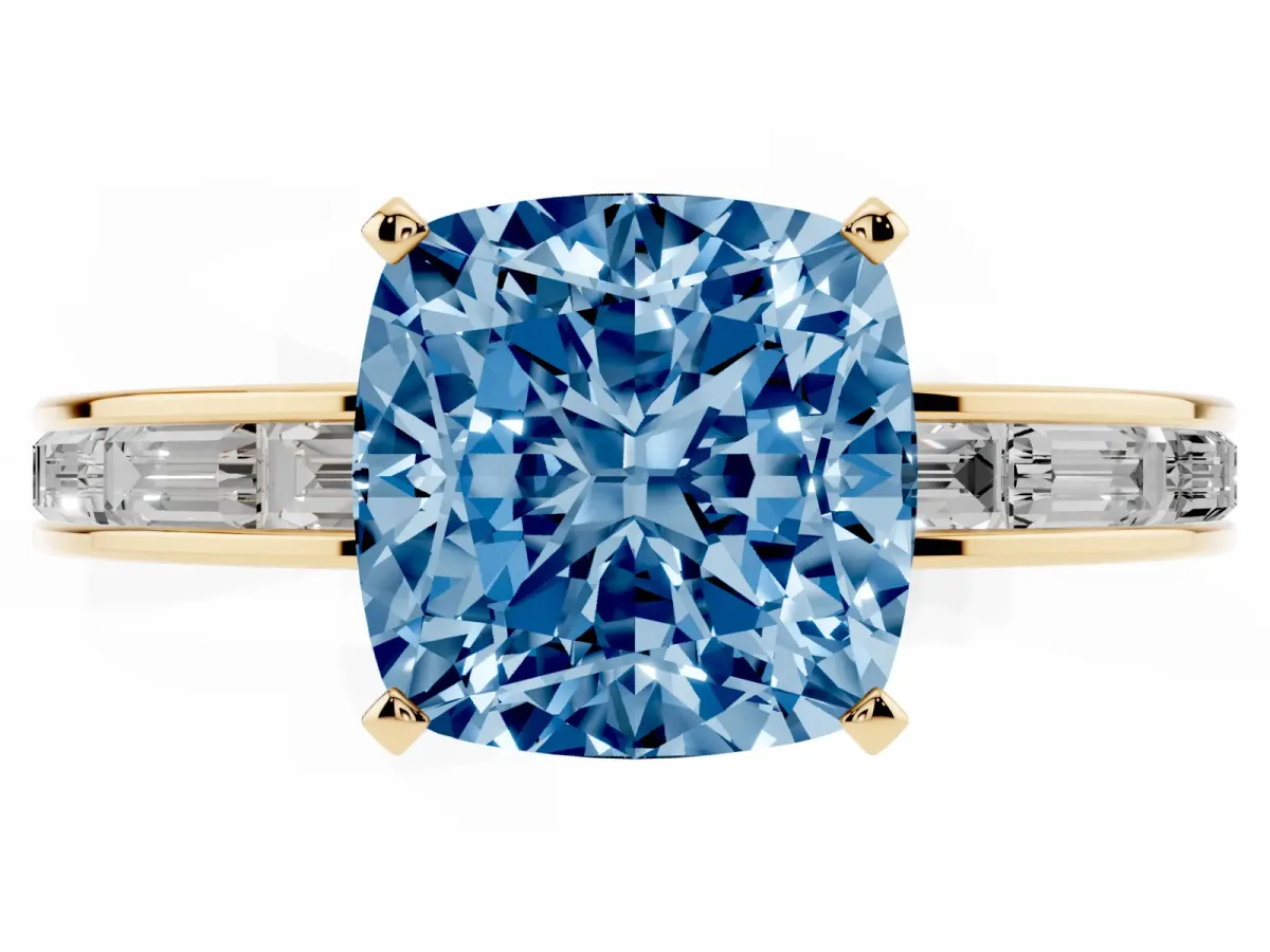 Fancy Blue Cushion Cut Solitaire Diamond Ring with Channel-Set Baguette Band and Four-Prong Setting Yellow gold