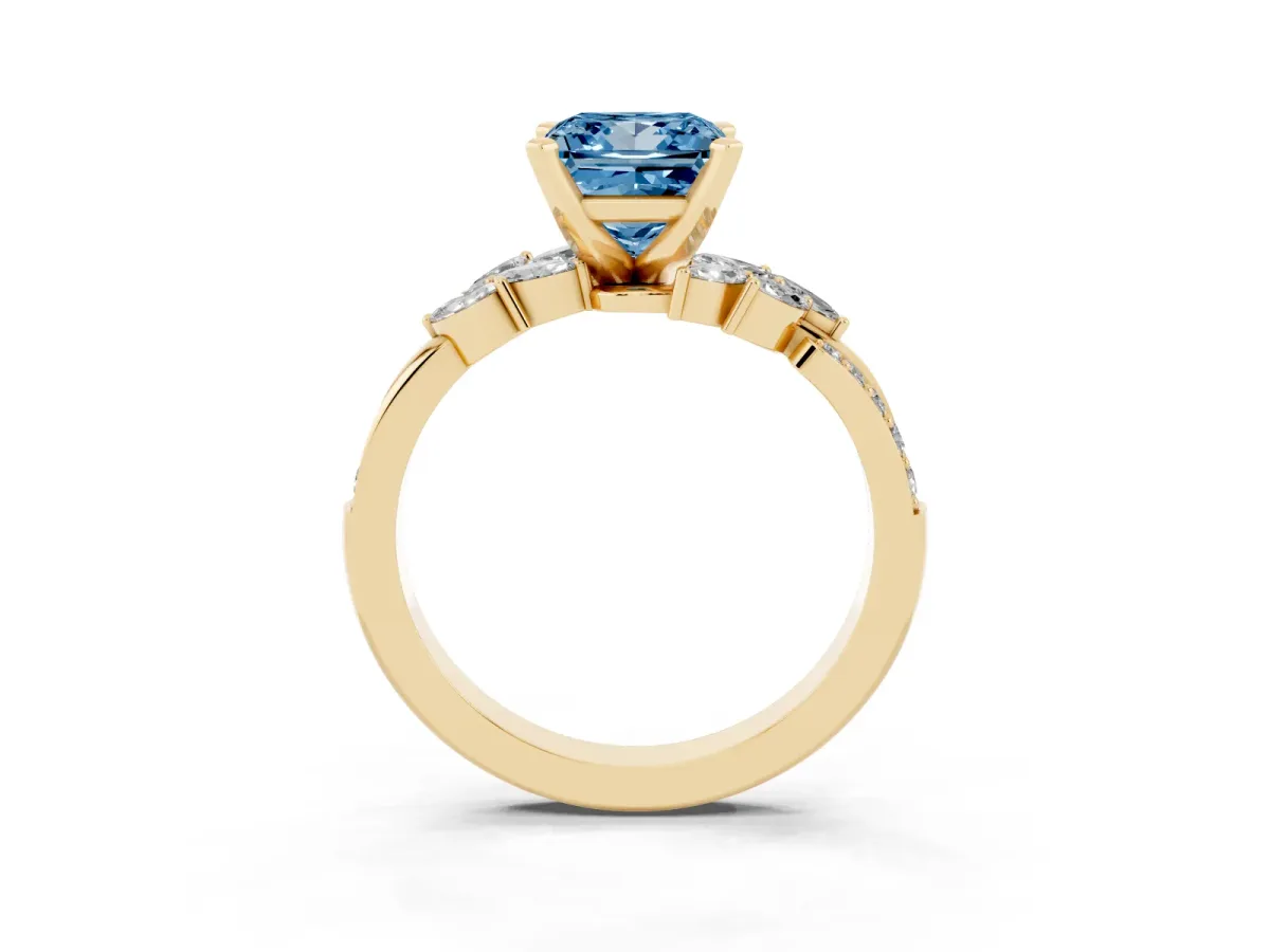 Fancy Blue Princess Cut Solitaire Marquise Twist Band with Six-Prong Setting Yellow gold