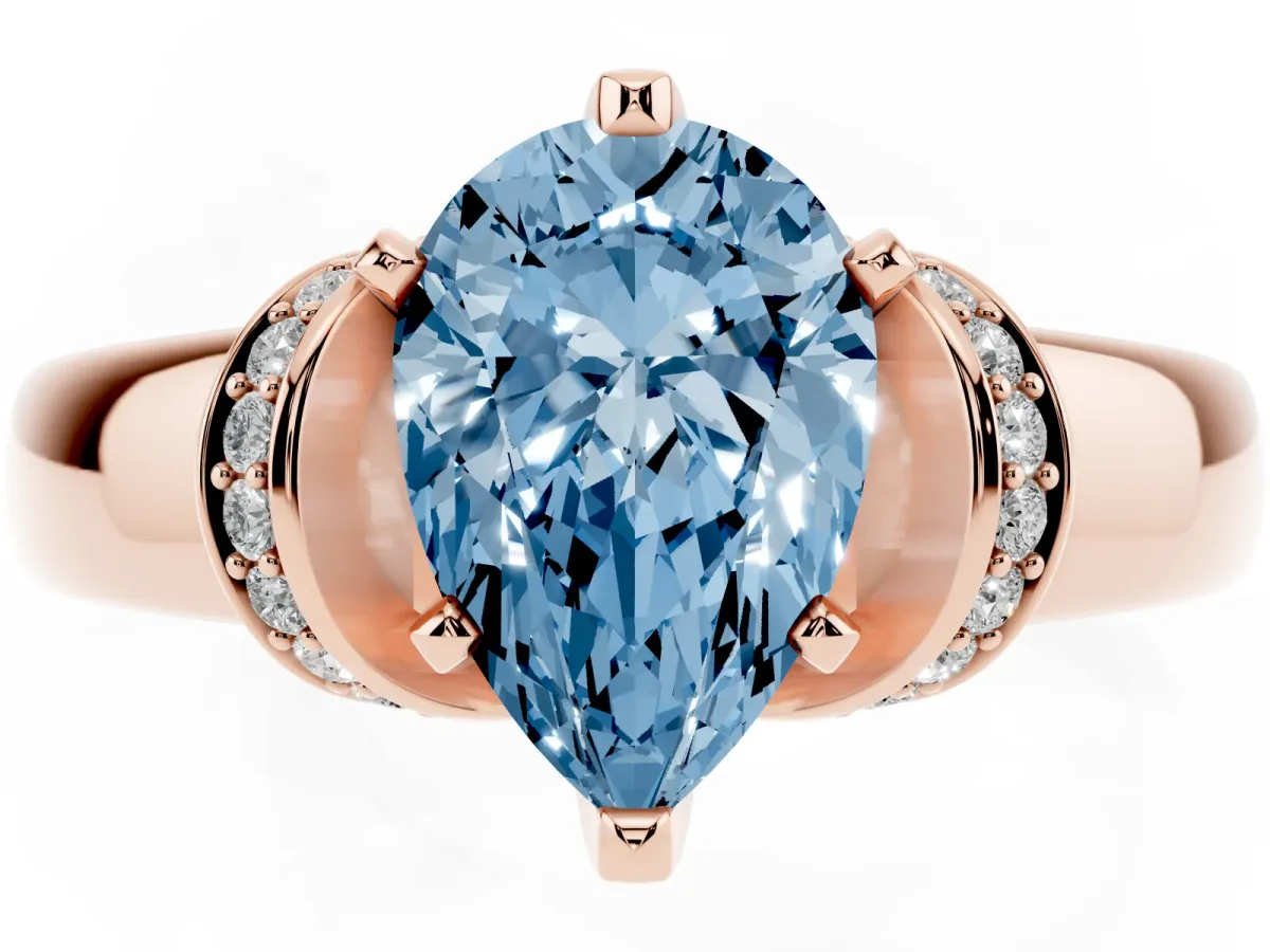 Fancy Blue Pear Cut Solitaire Diamond Ring with Pave Band and Six-Prong Setting Rose gold