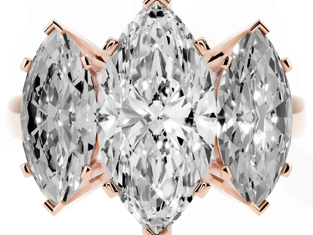 Three-Stone Marquise Cut Cut Diamond Ring with Channel Set Band and Four-Prong Setting Rose gold