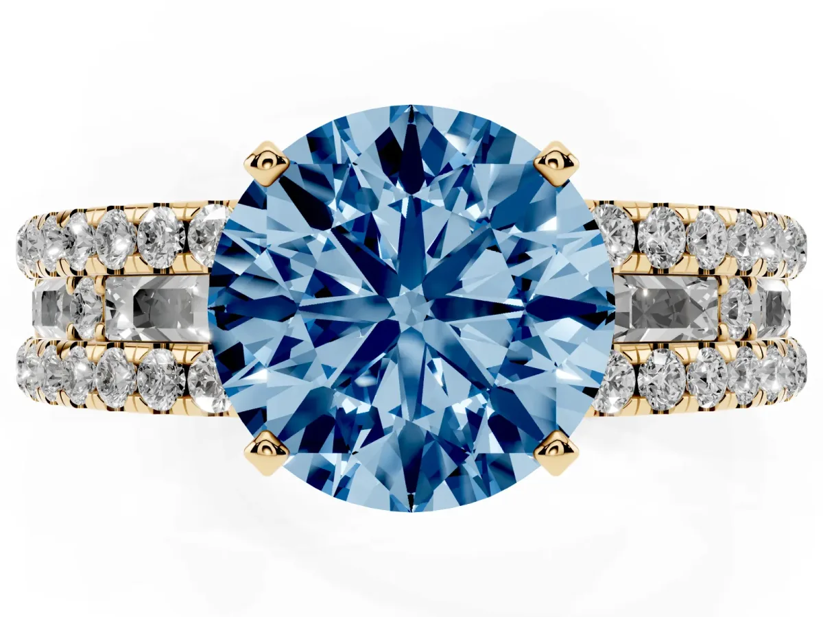 Fancy Blue Round Cut Diamond Solitaire Ring with Pavé and Channel Set Band Yellow gold
