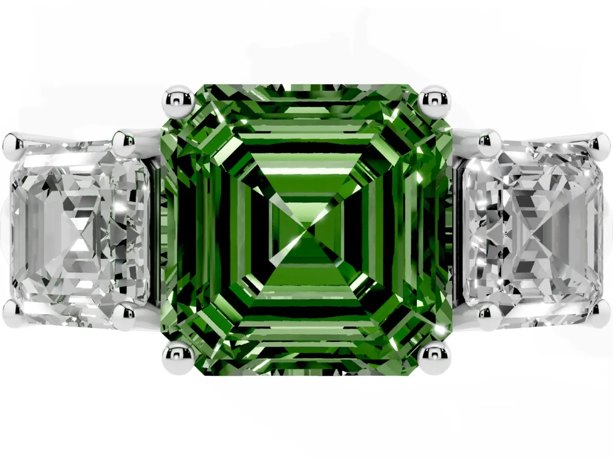 Fancy Green Three-Stone Asscher Cut Diamond Engagement Ring with Prong Setting Silver