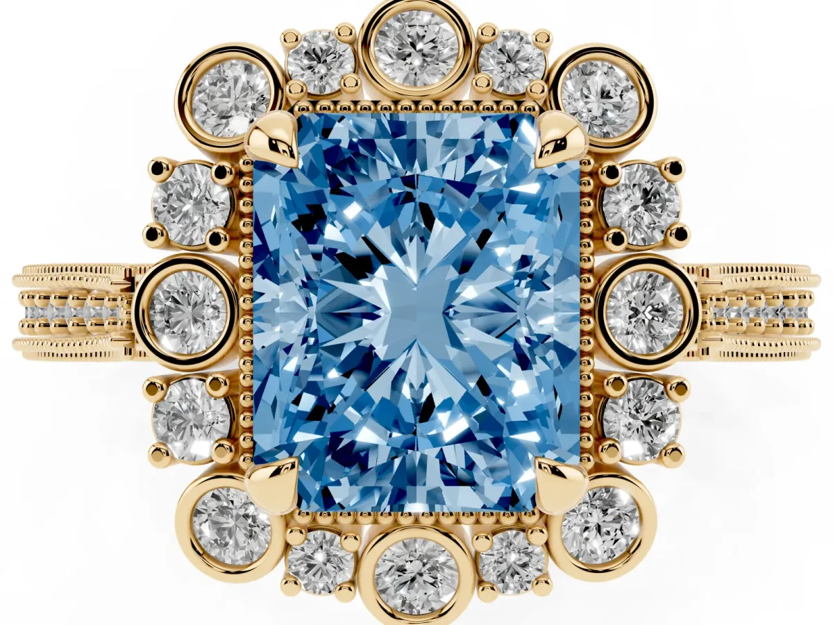 Fancy Blue Radiant Cut Halo Milgrain Pave Diamond Ring with Four-Prong Setting Yellow gold