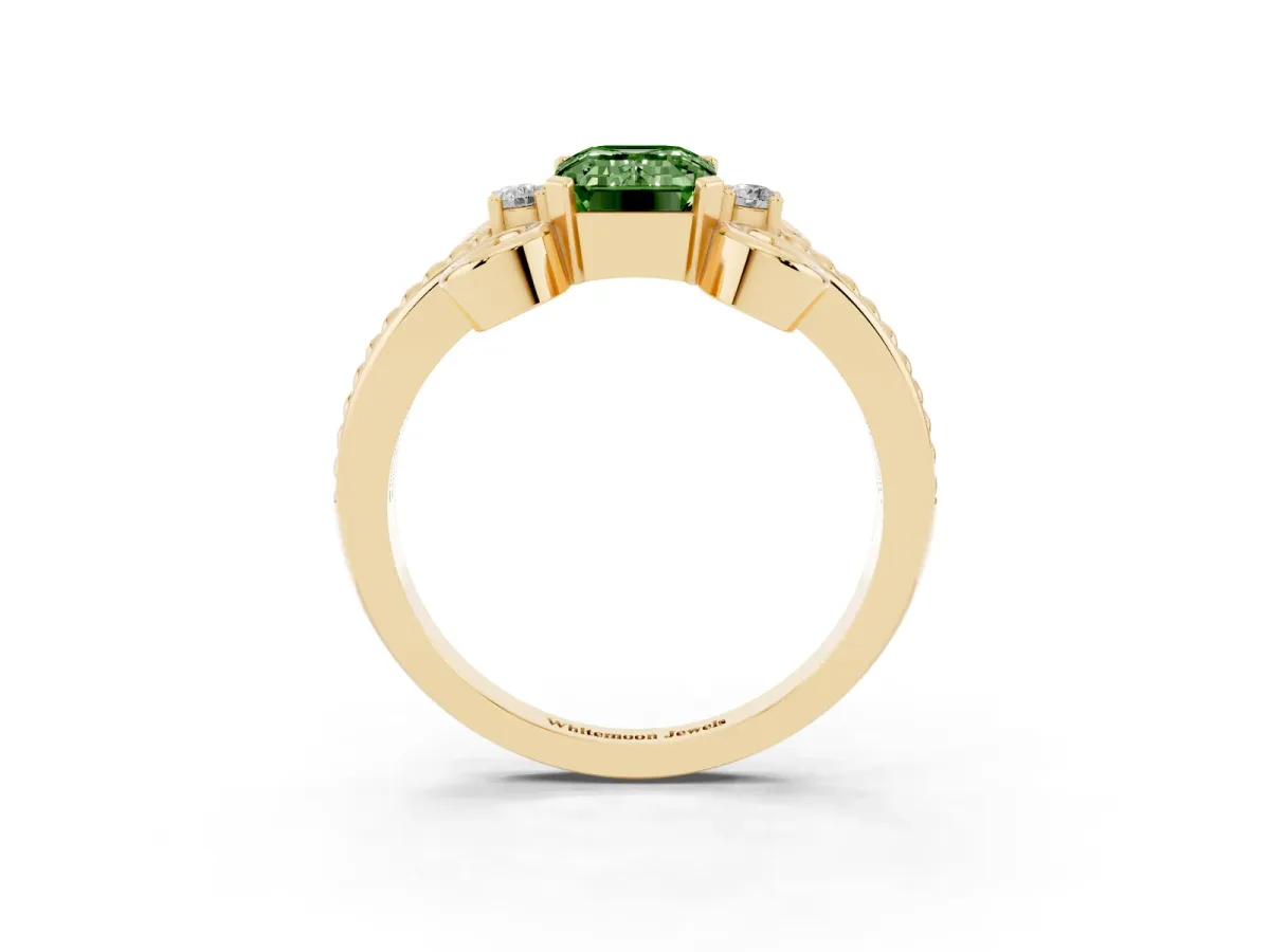 Fancy Green Emerald Cut Solitaire Twisted Band Scroll Prong Ring Yellow gold