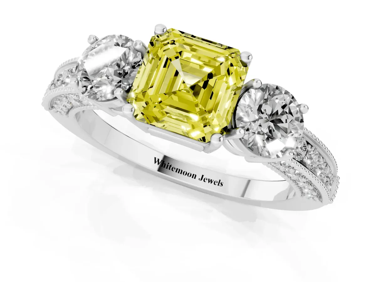 Fancy Yellow Asscher Cut Three-Stone Diamond Ring with Pavé Band and Four-Prong Setting Silver