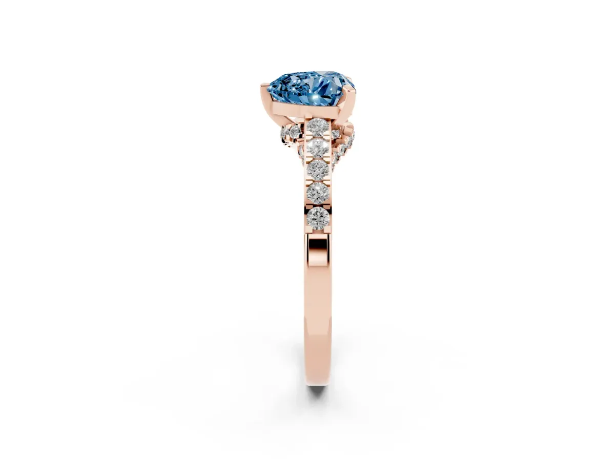 Fancy Blue Heart Cut Diamond Solitaire Ring with Crossover Gallery and Round Pavé Band Rose gold