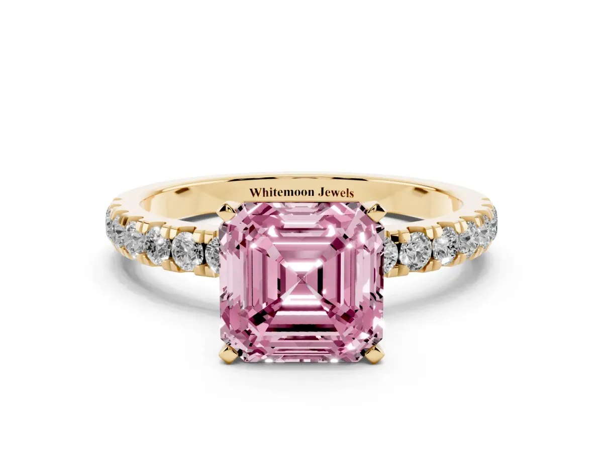 Fancy Pink Asscher Cut Diamond Solitaire Ring with Pavé Accents and Four-Prong Setting Yellow gold