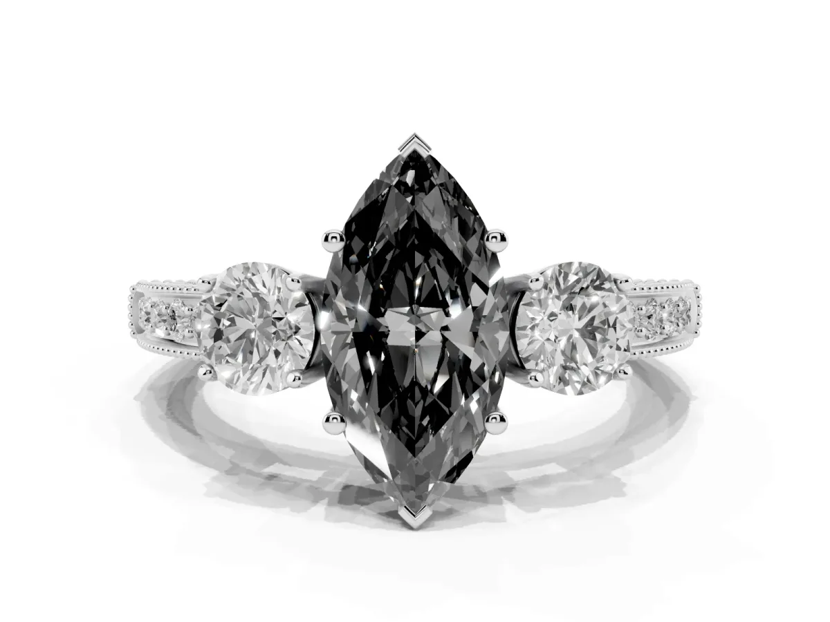 Fancy Black Marquise Cut Three-Stone Diamond Ring with Pavé Band and Four-Prong Setting Silver