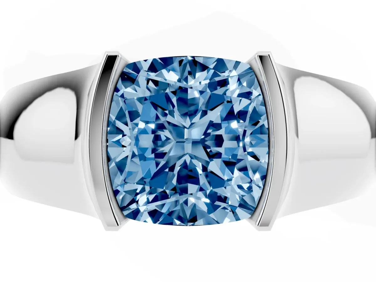 Fancy Blue Cushion Cut Solitaire Bezel Set Diamond Ring with Wide Band Silver
